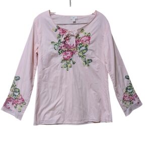 J. Jill pink floral embroidered blouse bohemian top tie neck size XS 3/4 sleeve